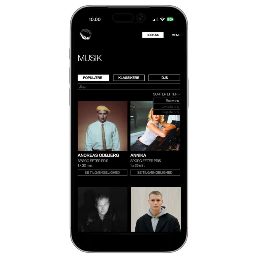 Artist overview with search and sorting options based on relevance or price.